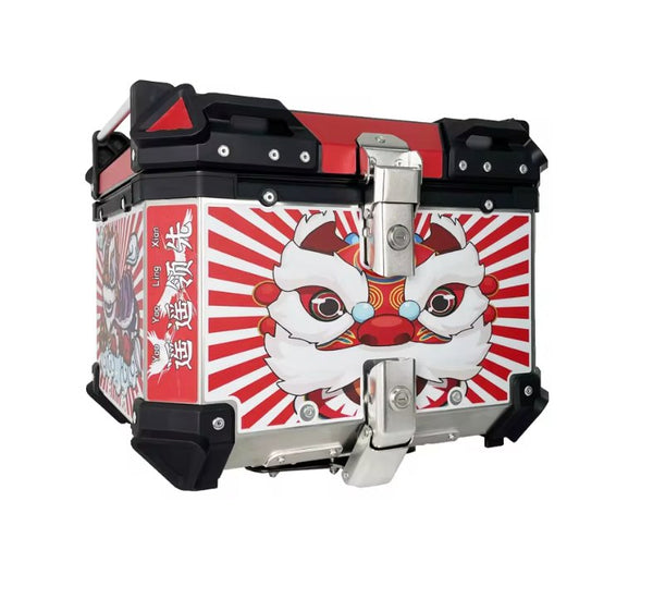 45L Aluminum Motocycle Top Box Storage Red White Chinese Lion at KingsMotorcycleFairings.com