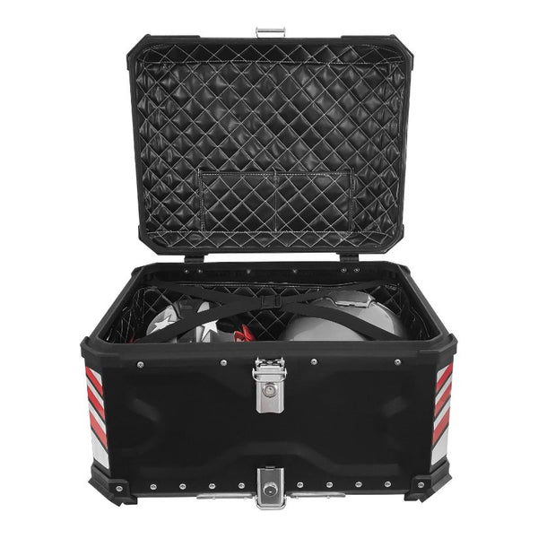 65L Aluminum Motorcycle Top Box Storage (Black, Red X) at KingsMotorcycleFairings.com