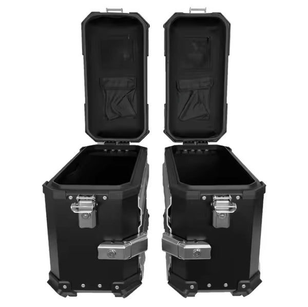 Black 38L Aluminum Motorcycle Storage Side Boxes at KingsMotorcycleFairings.com