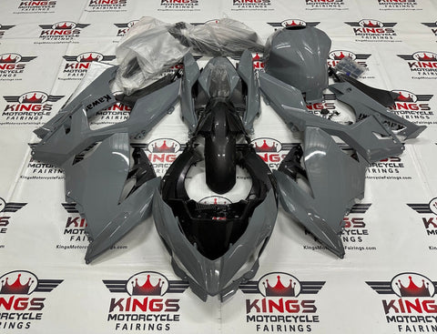 Fairing kit for a Kawasaki Ninja 400 (2018-2023) Dark Nardo Gray & Faux Carbon Fiber at KingsMotorcycleFairings.com