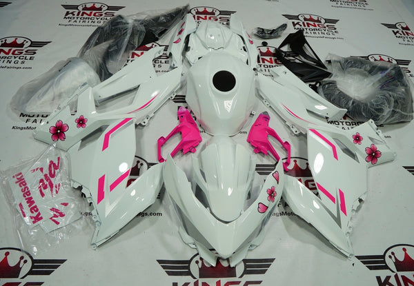 Fairing kit for a Kawasaki Ninja 400 (2018-2023) White, Pink Flowers at KingsMotorcycleFairings