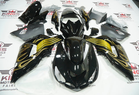 Fairing kit for a Kawasaki Ninja ZX14R (2006-2011) Black & Gold Flames at KingsMotorcycleFairings.com