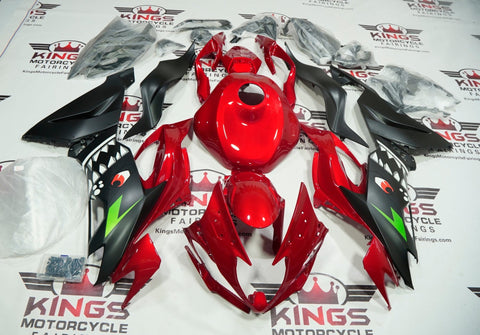 Fairing kit for a Kawasaki Ninja ZX6R 636 (2019-2023) Candy Red, Matte Black, Green & White Shark Teeth at KingsMotorcycleFairings.com