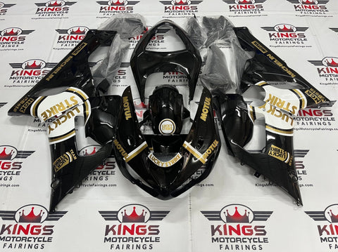 Fairing kit for a Kawasaki ZX6R 636 (2005-2006) Black, Gold & White Lucky Strike at KingsMotorcycleFairings.com