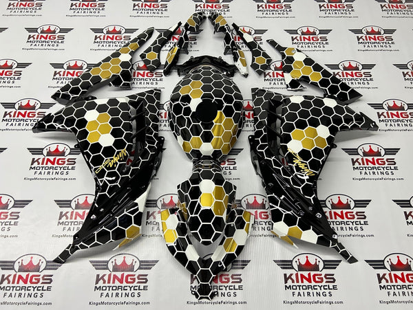 Kawasaki Ninja 300 Fairings (2013-2017) Black, White, Gold Honeycomb at KingsMotorcycleFairings.com