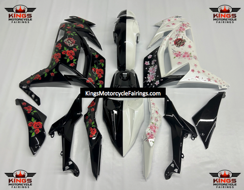Kawasaki Ninja 650R Fairings (2020-2023) Black Rose, White Blossom at KingsMotorcycleFairings.com