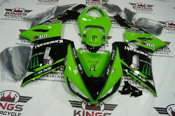 FAIRING KIT FOR A KAWASAKI NINJA ZX6R 636 (2005-2006) GREEN MONSTER ELF, BLACK at KingsMotorcycleFairings.com