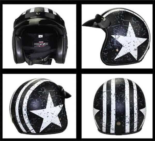 Matte Black, White Star Cafe Racer Motorcycle Helmet at KingsMotorcycleFairings.com