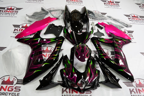 SUZUKI GSXR600 (2008-2010) BLACK, PINK & GREEN FLAME FAIRINGS at KingsMotorcycleFairings.com