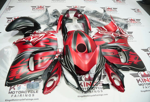 Suzuki GSXR1300 Hayabusa (2008-2019) Matte Candy Red, Matte Black & White Tribal Flame Fairings at KingsMotorcycleFairings.com