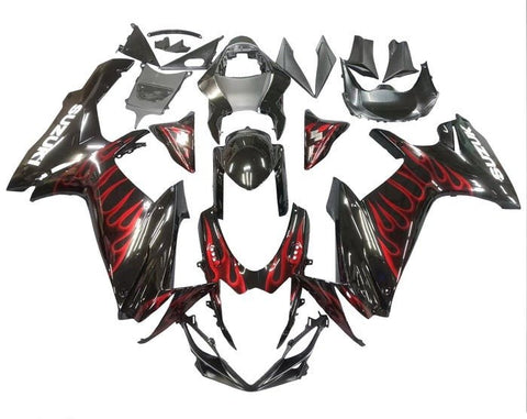 Suzuki GSXR750 Fairings (2011-2024) Gloss Black, Red Flames at KingsMotorcyclefairings.com