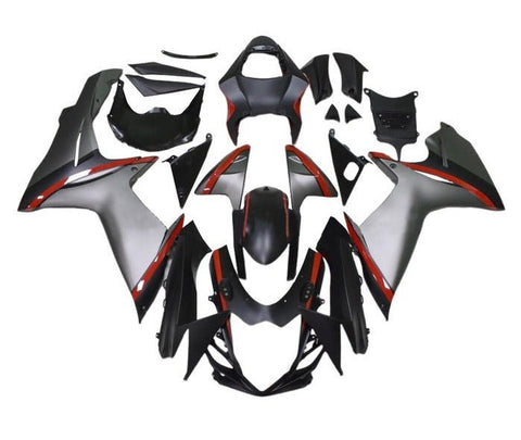 Suzuki GSXR 750 Fairings (2011-2024) Matte Black, Silver, Red Stripe at KingsMotorcycleFairings.com