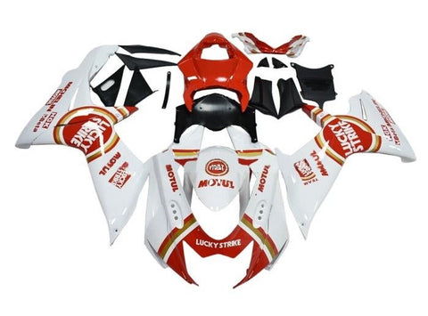 Suzuki GSXR 750 Fairings (2011-2024) White, Red Lucky Strike at KingsMotorcycleFairings.com