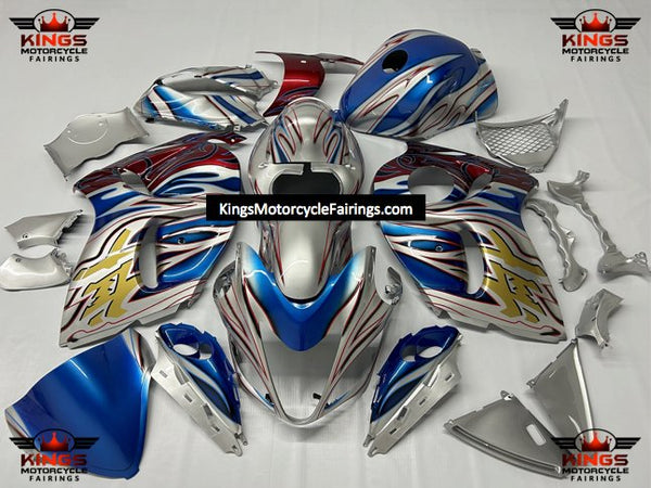 Suzuki Hayabusa Fairings (2008-2019) Silver, Blue, Red, Gold Tribal Flames at KingsMotorcycleFairings.com