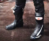 Tall Motorcycle Boots- Black, White, Red SPEED at KingsMotorcycleFairings.com