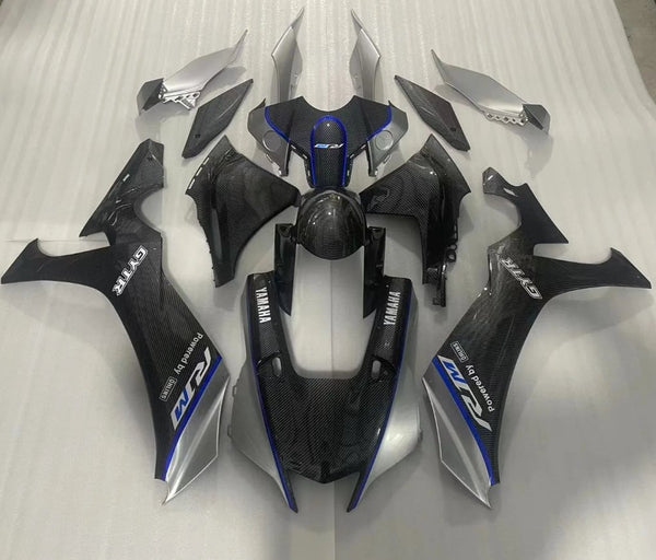 Yamaha R1 Fairings (2020-2024) Faux Carbon Fiber, Silver, Blue at KingsMotorcycleFairings.com