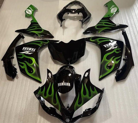 Yamaha R1 Fairings (2007-2008) Black, White, Green Fire at KingsMotorcycleFairings.com