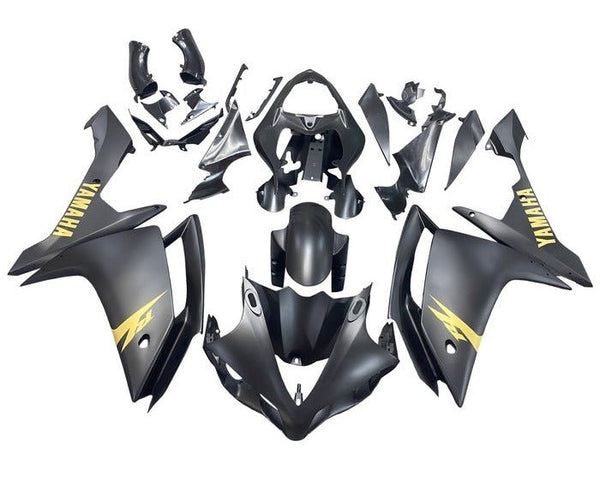 Yamaha YZF-R1 Fairings (2007-2008) Matte Black, Matte Gold Slash at KingsMotorcycleFairings.com