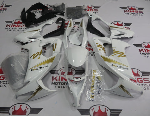 Fairings for Kawasaki Ninja ZX10R (2008-2010) White, Gold at KingsMotorcycleFairings.com